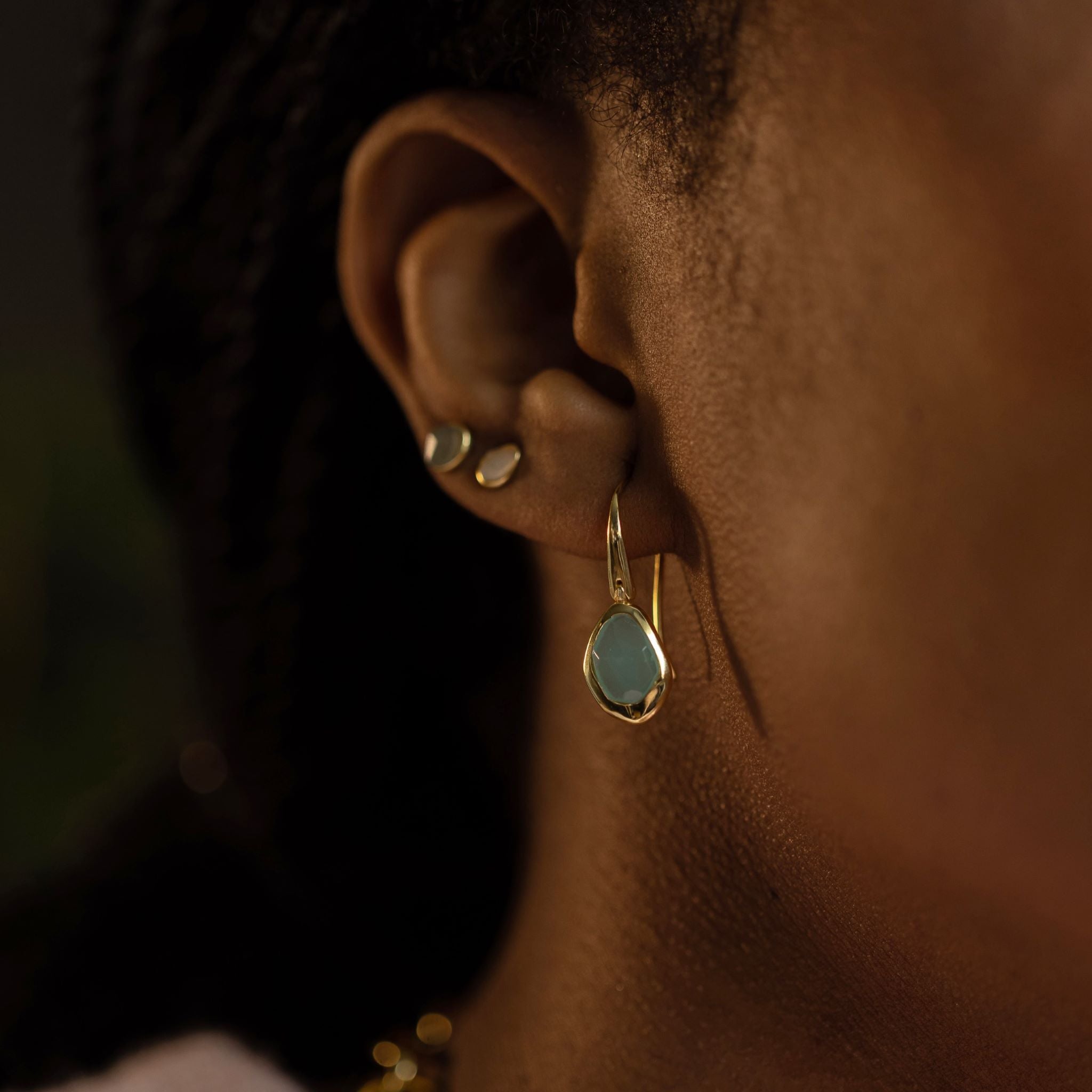 sterling silver and gold vermeil hook earrings in 8 stunning natural handcut gemstones, Aqua Chalcedony,Green Tourmaline,Rose Quartz,Labradorite,Garnet,Iolite,Black Onyx,Moonstone