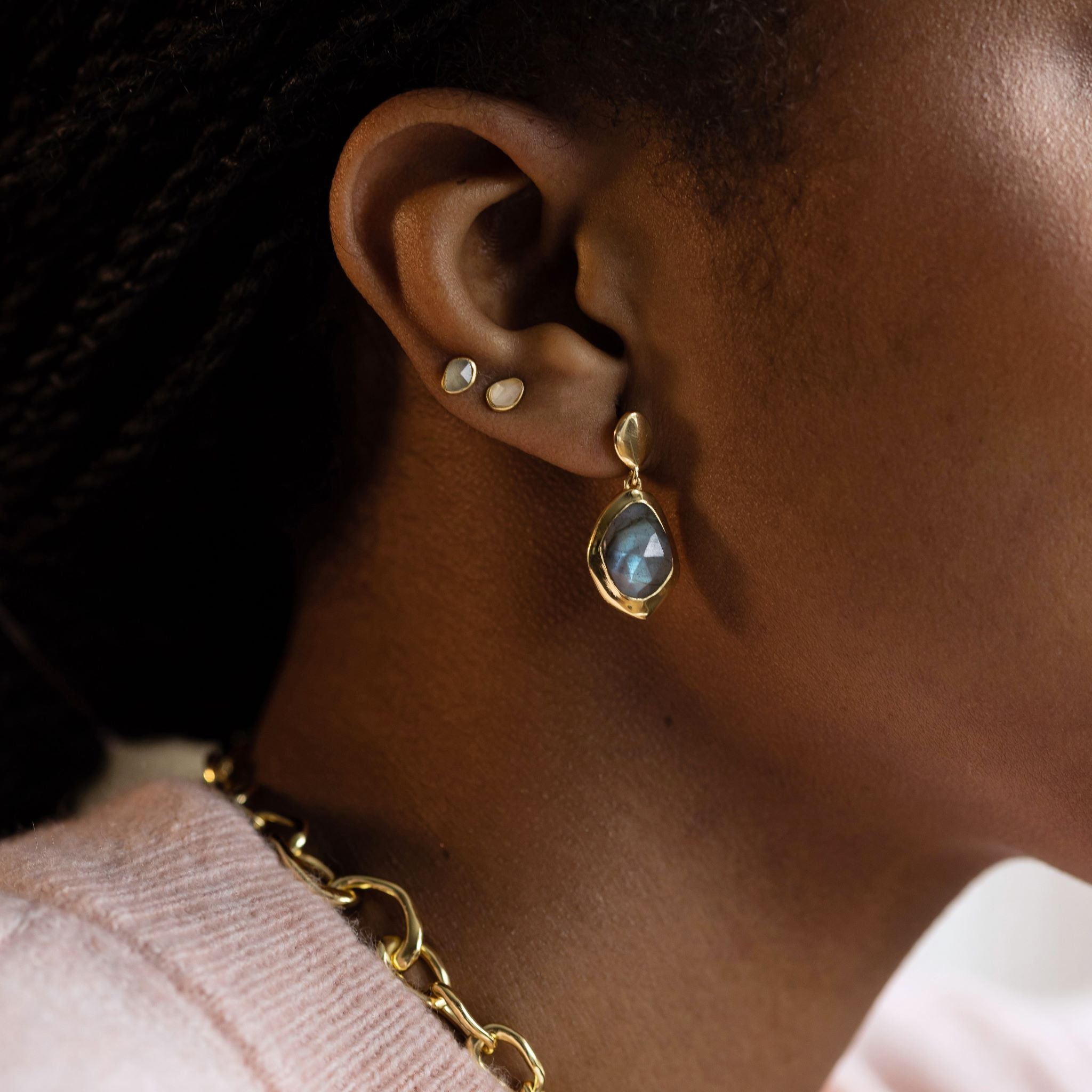 sterling silver and gold vermeil earrings in 8 stunning natural handcut gemstones, Aqua Chalcedony,Green Tourmaline,Rose Quartz,Labradorite,Garnet,Iolite,Black Onyx,Moonstone